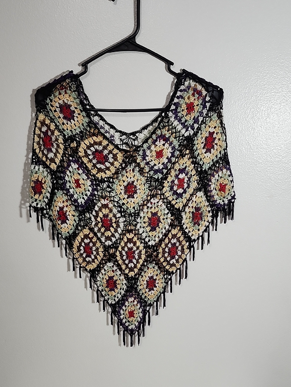 Bohemian Crochet Fringe Poncho Sweater - Black with Multicolor Accents